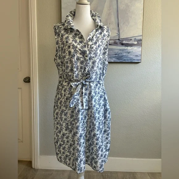 Tommy Hilfiger Blue and White Linen Cotton Floral Button Down Midi Dress - Picture 3 of 6